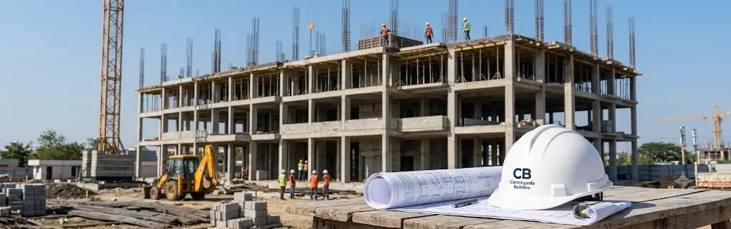 Construction site structural framing with blueprints and safety helmet in foreground